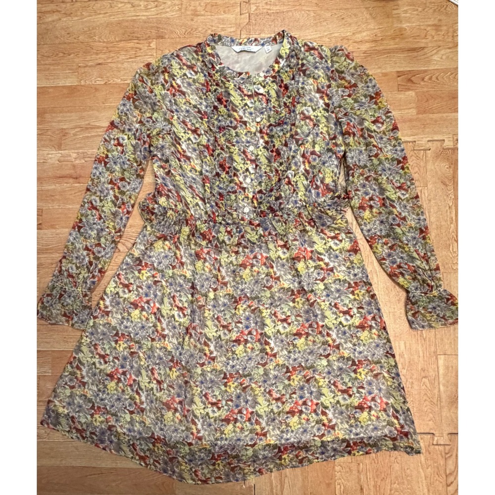 Paris Atelier Floral Mini Dress Long Sleeve Ruffle Waist Multi Color Size 6